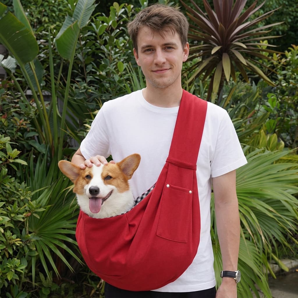A man wearing a white t-shirt carries a corgi dog in a red pet sling carrier over his shoulder, set against a lush green garden background.