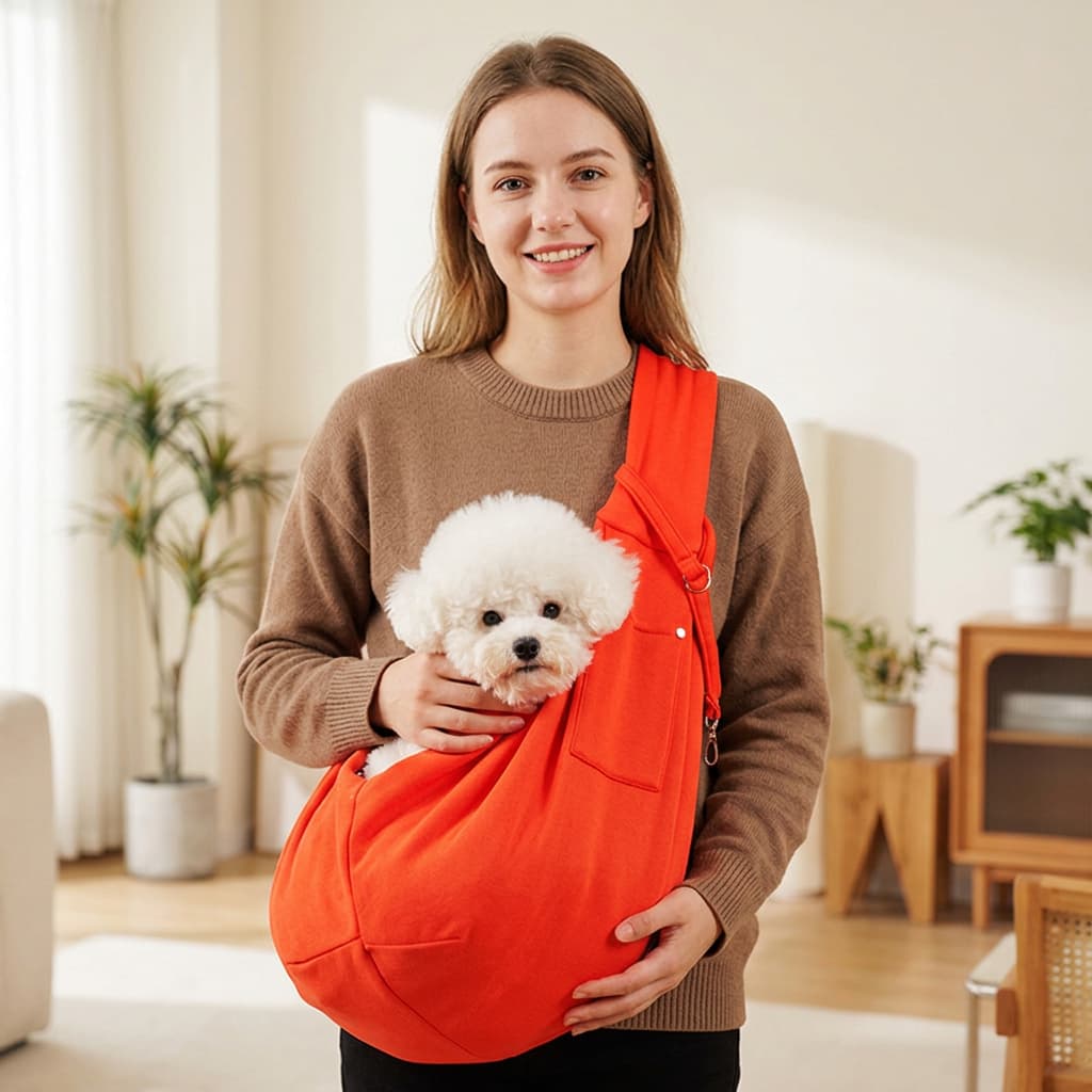 A woman wearing a brown sweater holds a small white dog in a bright orange pet carrier bag worn crossbody. The scene is set in a warm, modern living room with plants and wooden furniture in the background.