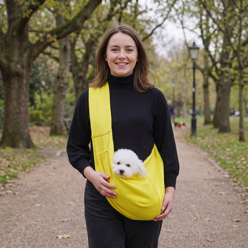 A woman standing on a park path wearing a bright yellow pet sling carrier with a small white dog inside, photographed outdoors in a real environment.