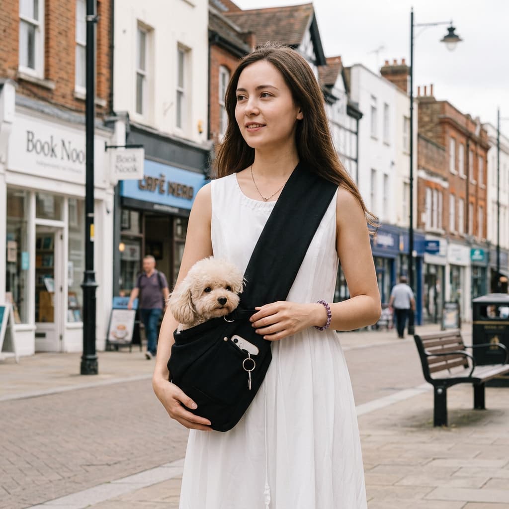 A woman in a white sleeveless dress carries a small cream-colored dog in a black crossbody pet bag on a cobblestone street with shops in the background.