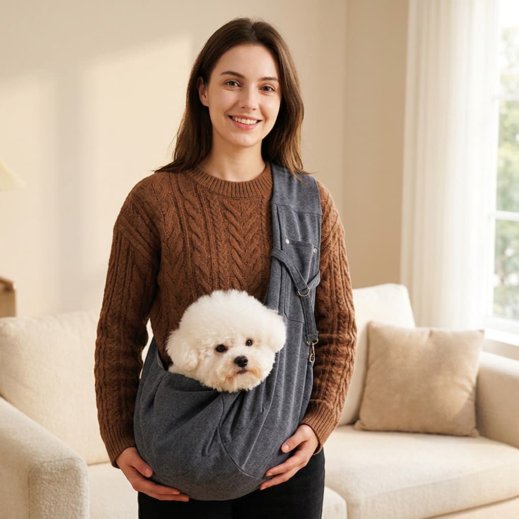 A woman wearing a brown cable-knit sweater stands indoors in a living room, holding a small white dog in a grey pet carrier wrap. The dog is nestled in the front pouch of the wrap, which is worn crossbody.