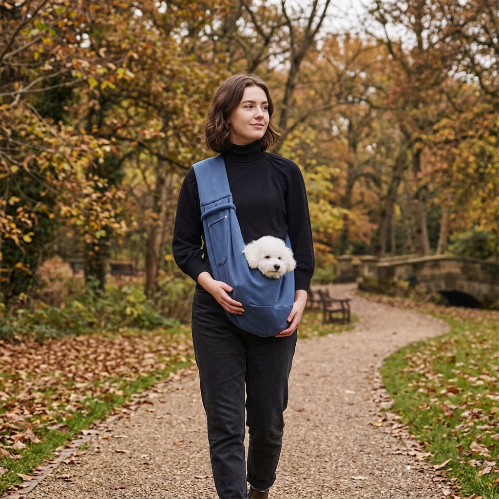 A woman walking on a leaf-strewn path in an autumn park, wearing a blue pet carrier sling with a small white dog peeking out from the front.