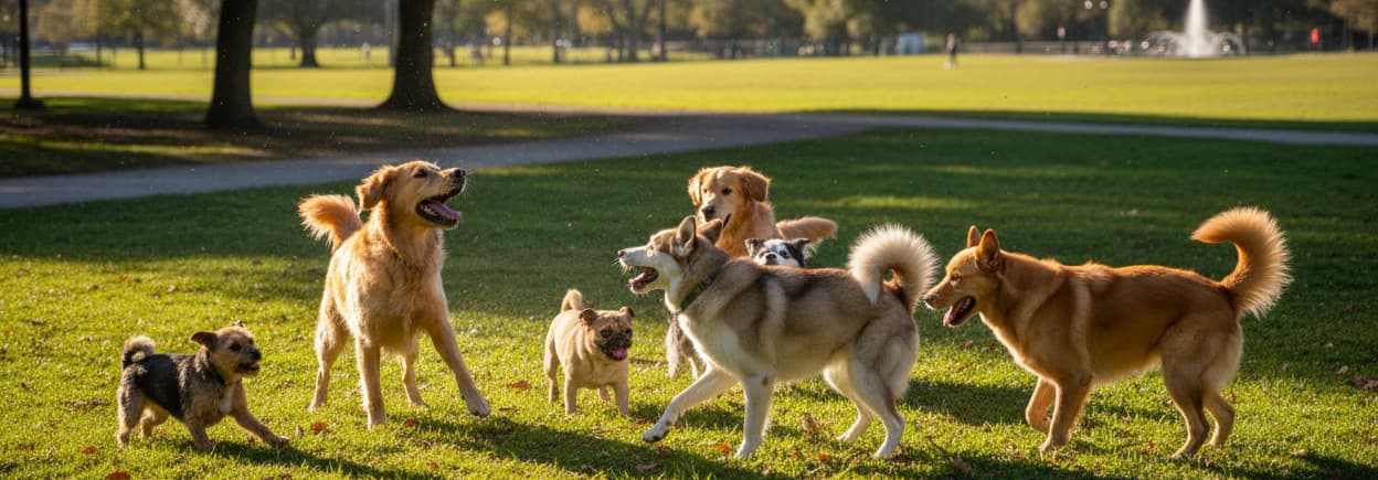 Group of dogs playing on a grassy field with trees and a fountain in the background