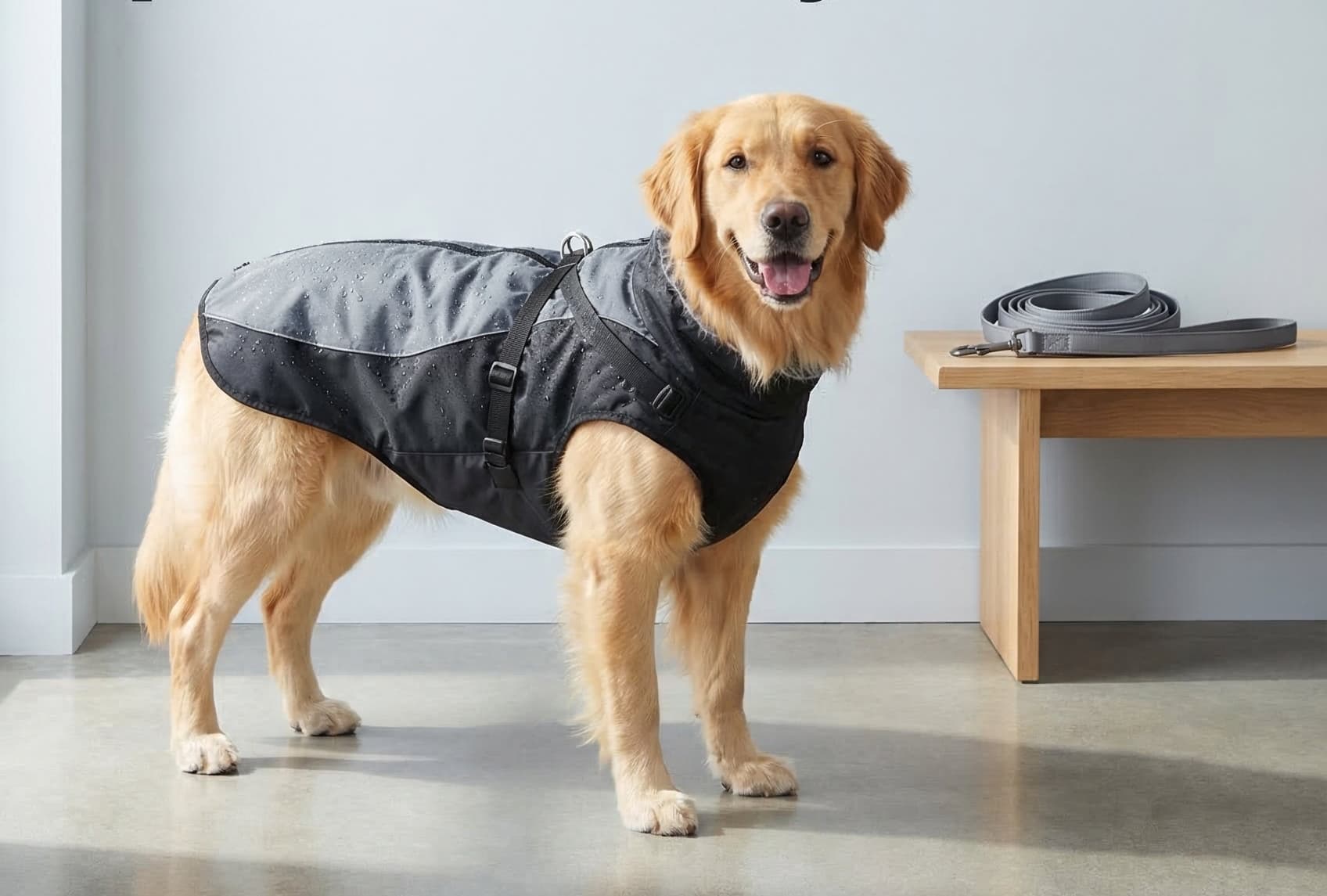 Dog wearing a black and gray coat standing on a light wooden floor with a leash in the background.