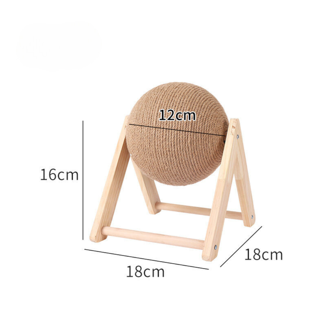 Woven ball on a wooden stand with measurements indicated