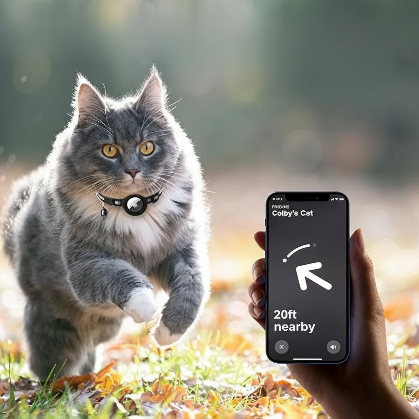 Cat wearing a GPS tracker with a phone showing 'Colby's Cat' app interface.