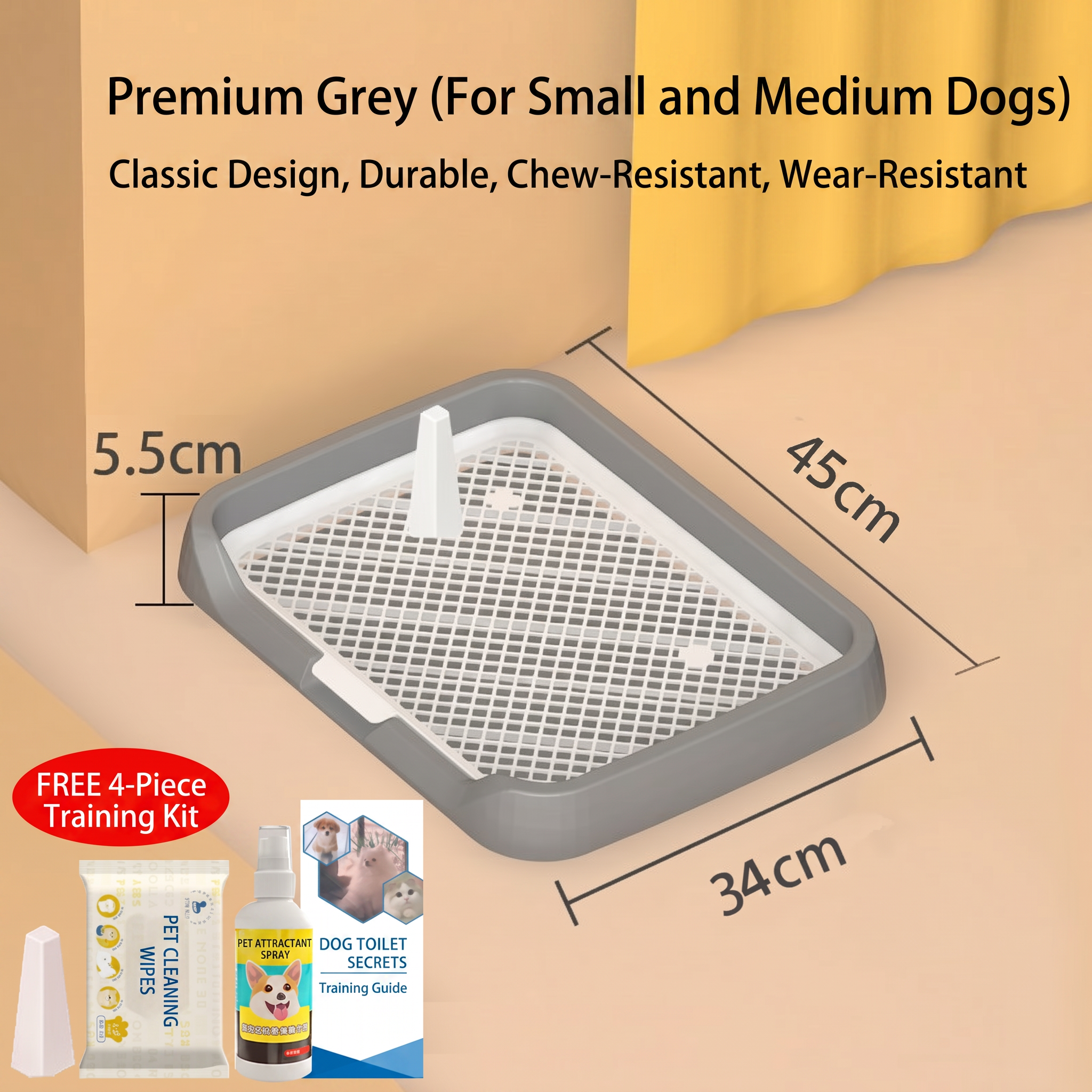 Pet training tray with dimensions and accessories on a beige background
