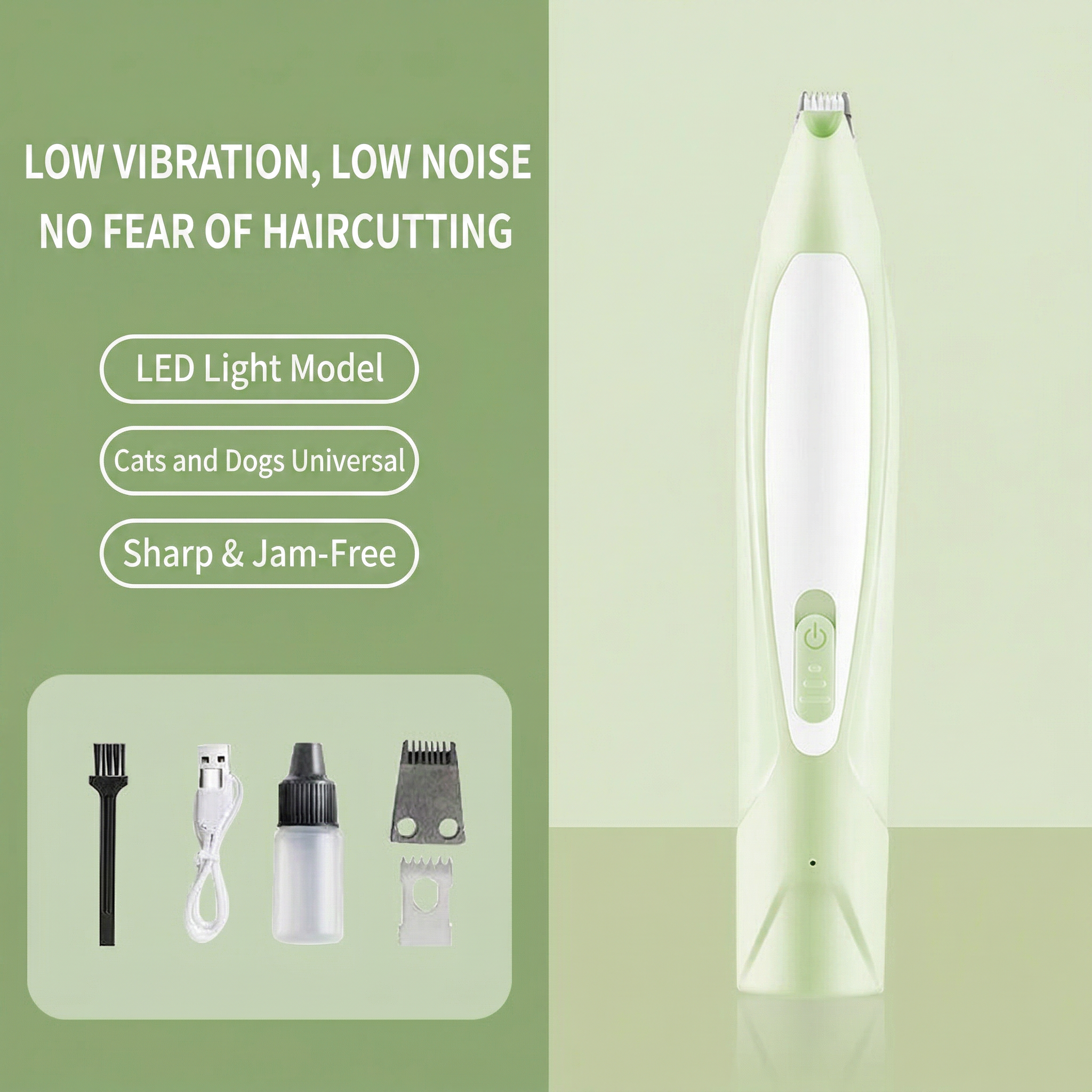 Pet grooming tool with LED light, attachments, and text on a green background