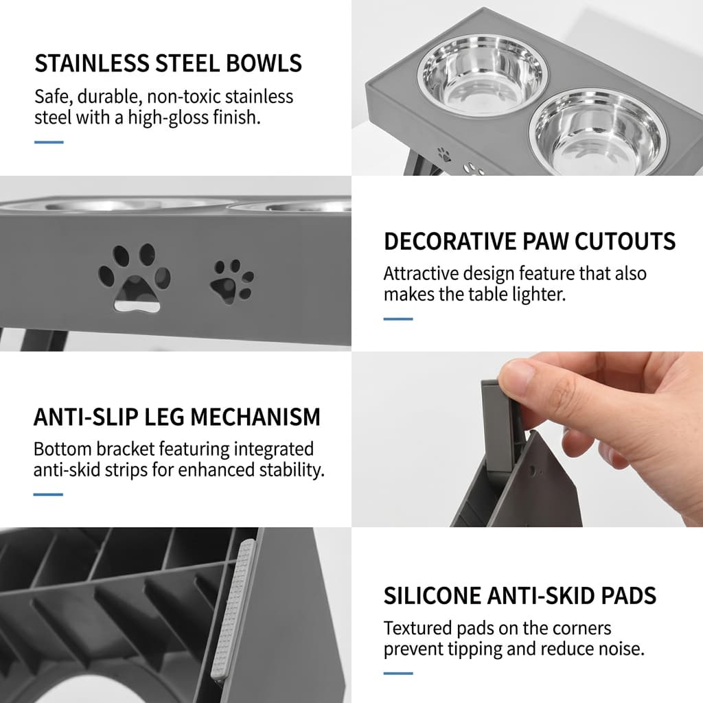 A 2x3 infographic collage showing features of a stainless steel pet double bowl table. The panels include close-ups of the stainless steel bowls, decorative paw cutouts, an anti-slip leg mechanism being demonstrated by a hand, and silicone anti-skid pads, accompanied by descriptive text on each.