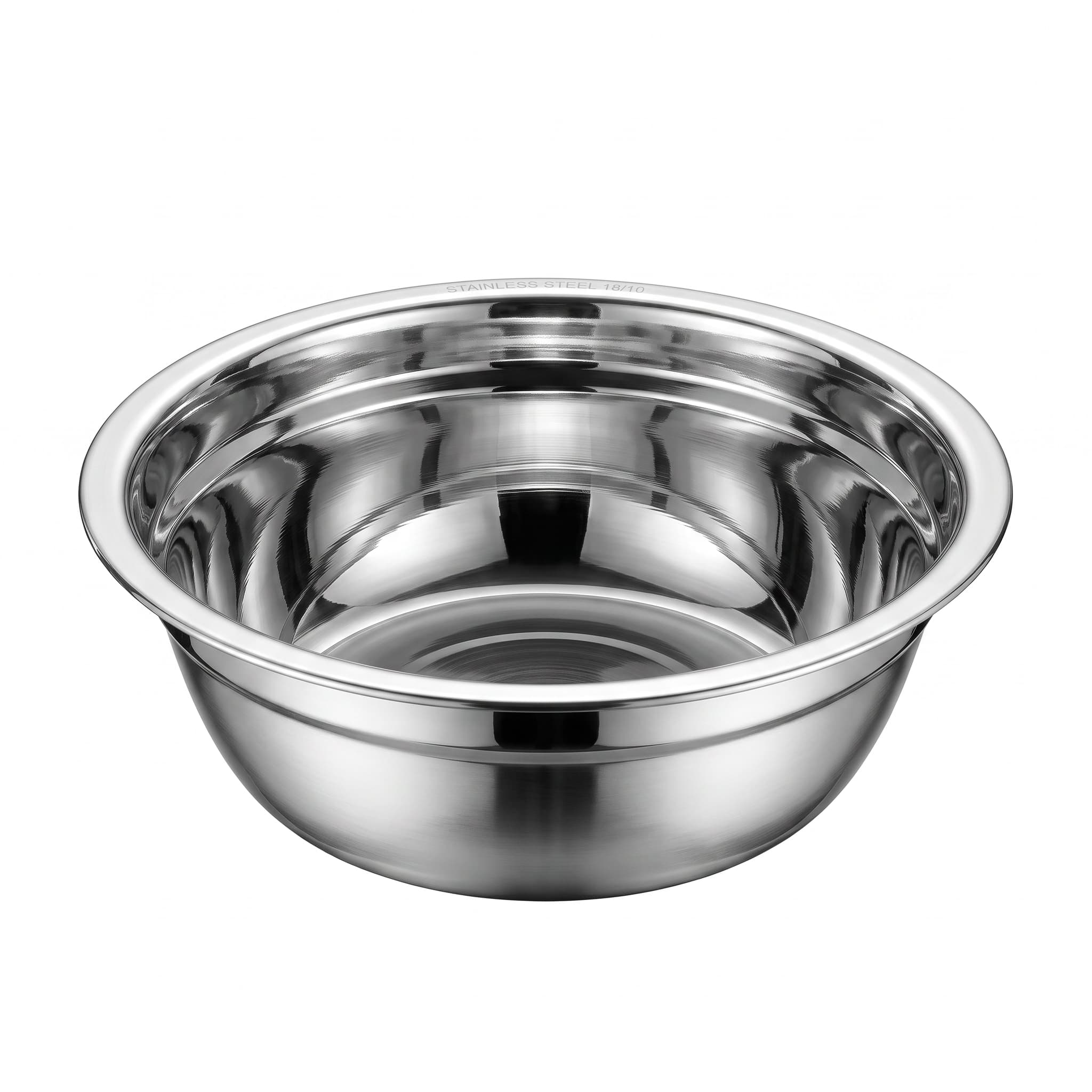 A polished stainless steel dog bowl with a wide rim, shown from a top-down perspective on a solid white background.