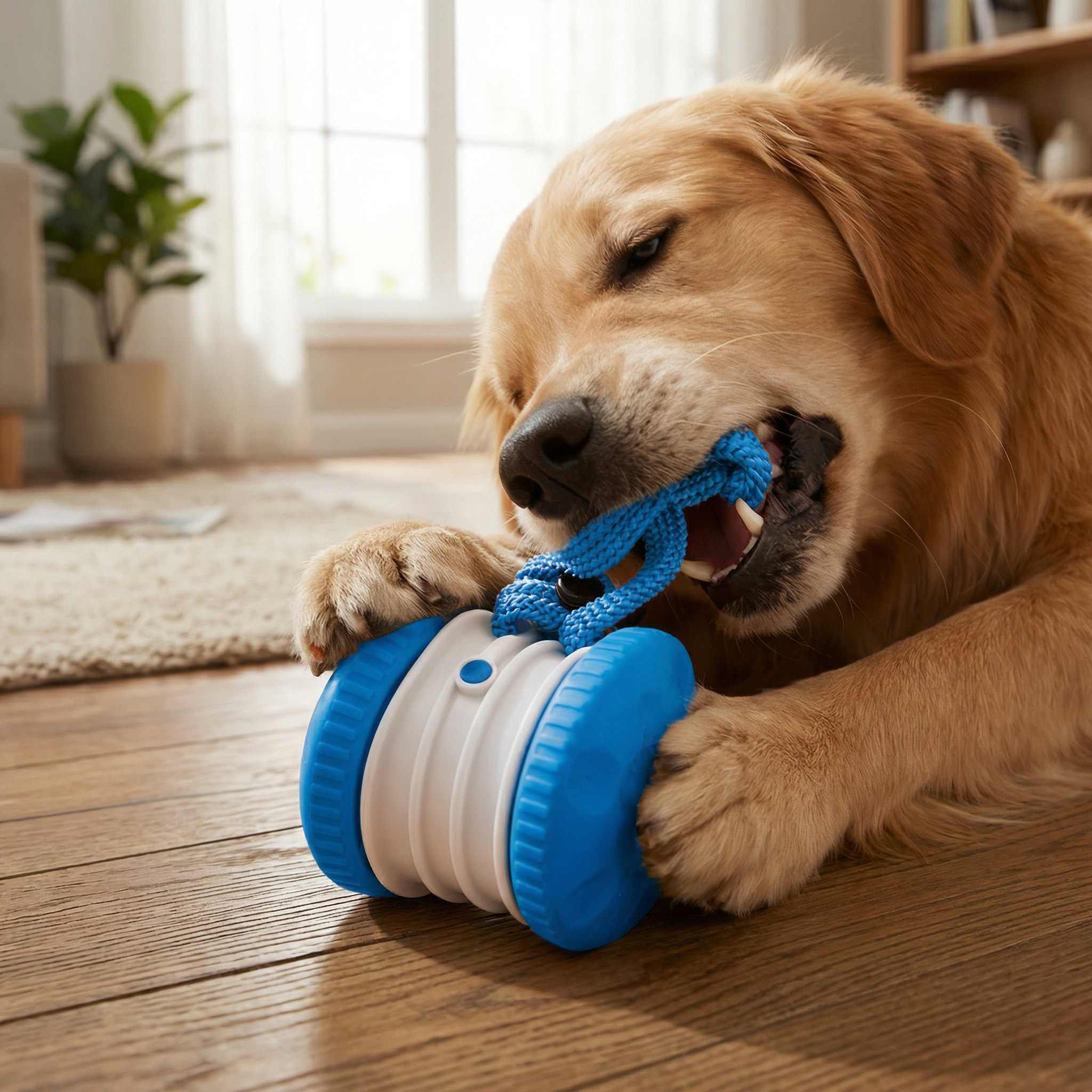 Dog playing with a blue and white toy on a wooden floor.