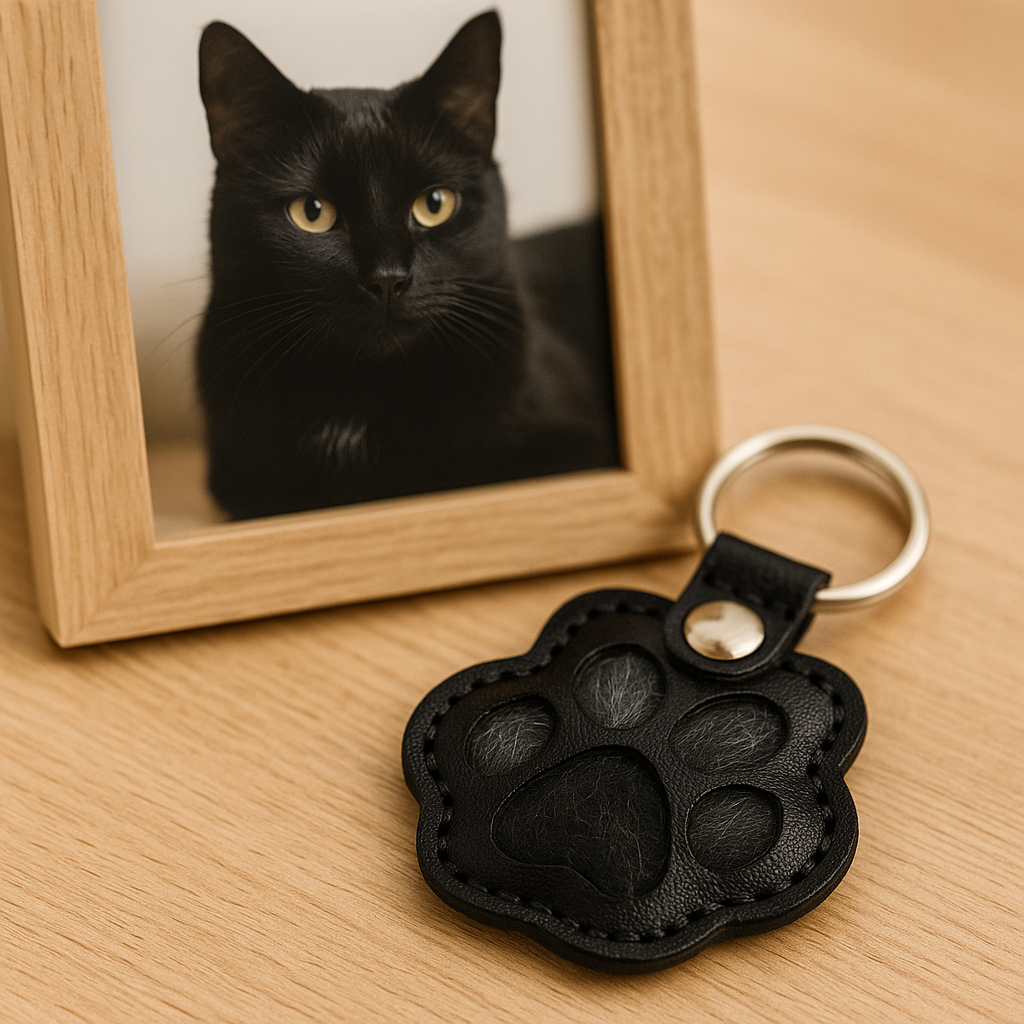 Black cat paw keychain in front of a mirror reflecting a black cat.