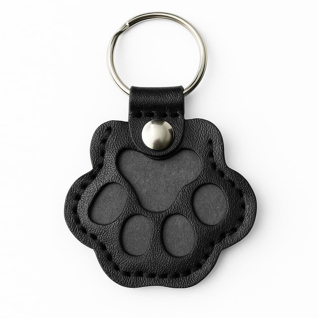 Black leather keychain with paw print design on a white background