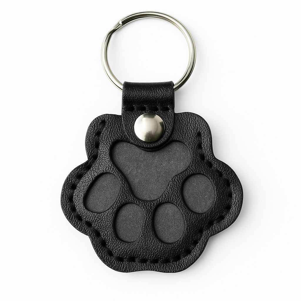 Black leather keychain with paw print design on a white background