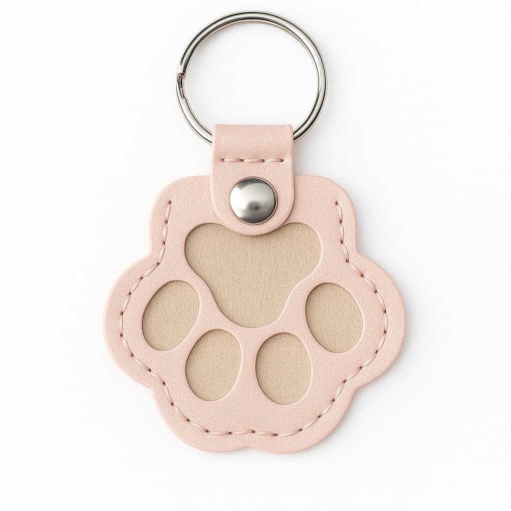Pink paw-shaped keychain with a metal ring on a white background