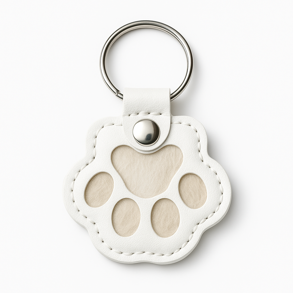 White leather keychain with paw print design on a white background