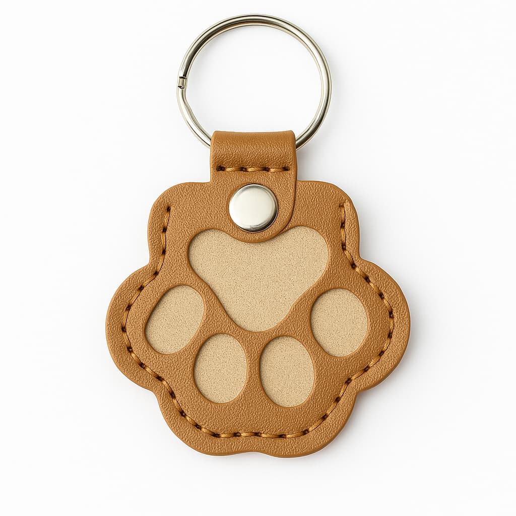 Brown leather keychain in the shape of a paw print on a white background