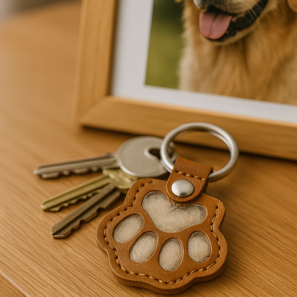 Brown leather keychain with paw design on a wooden surface, with a dog in the background.