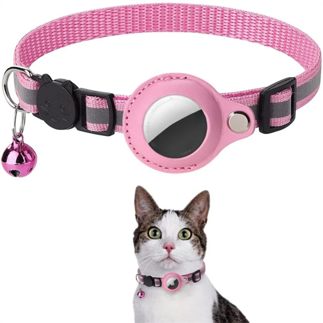 Pink and gray striped cat collar with a bell and reflective patch, worn by a cat.
