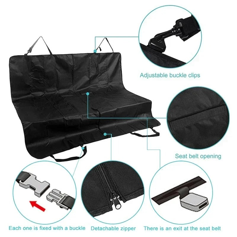 Black car seat cover with features highlighted on a white background