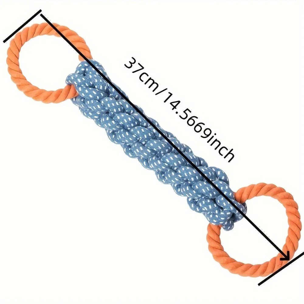 Blue rope with orange rings and measurements on a white background