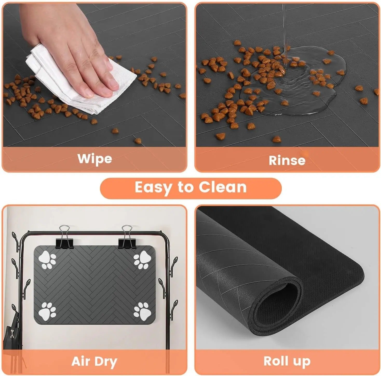 Steps to clean a pet mat with text labels on a grey background