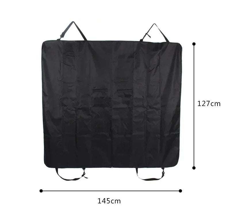 Black car seat cover with dimensions on a white background