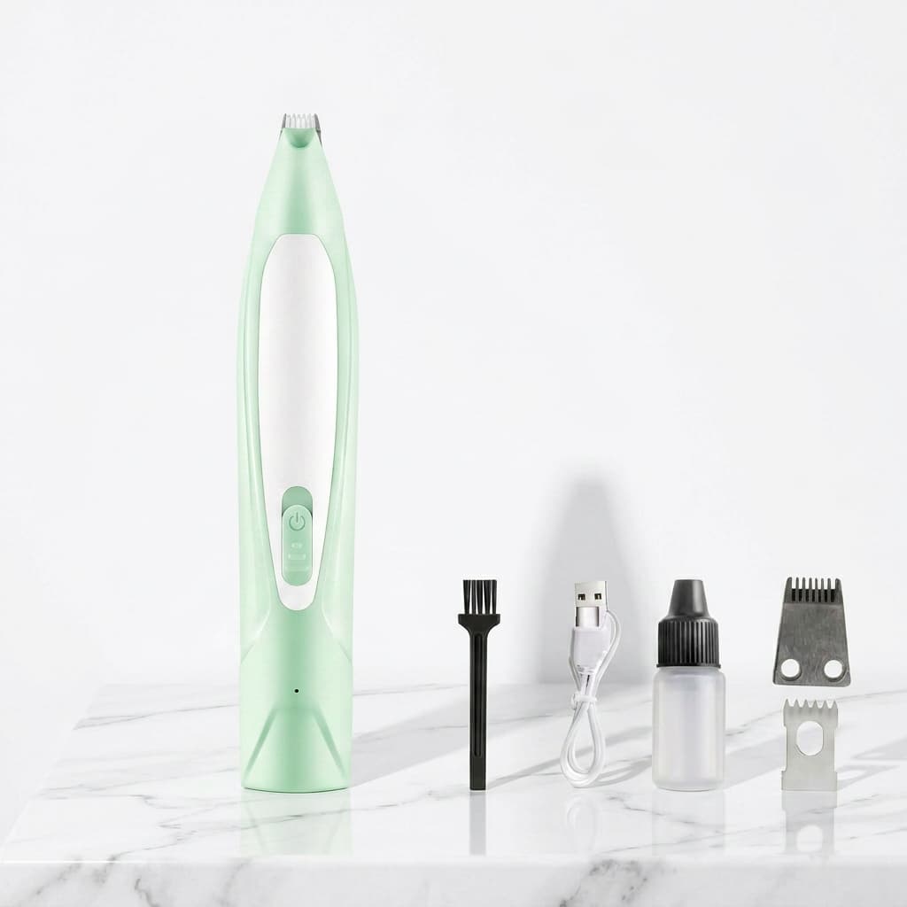 A mint green and white electric pet grooming trimmer stands on a white marble surface with its accessories lined up in front: a black cleaning brush, a white charging cable, a small bottle with a black cap, and two metal clipper blades.
