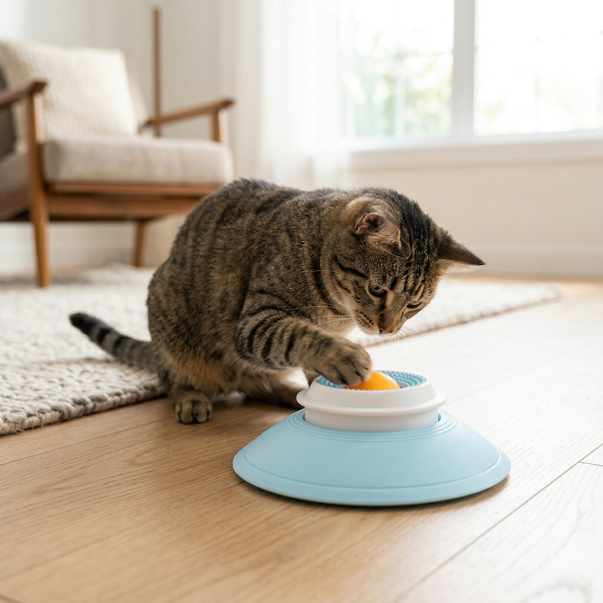 Cat interacting with a blue elevated food bowl on a wooden floor.