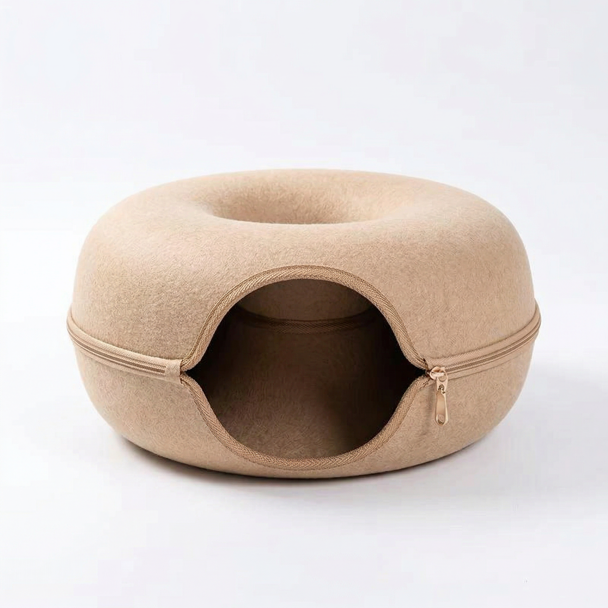 Beige pet bed with a zipper on a white background