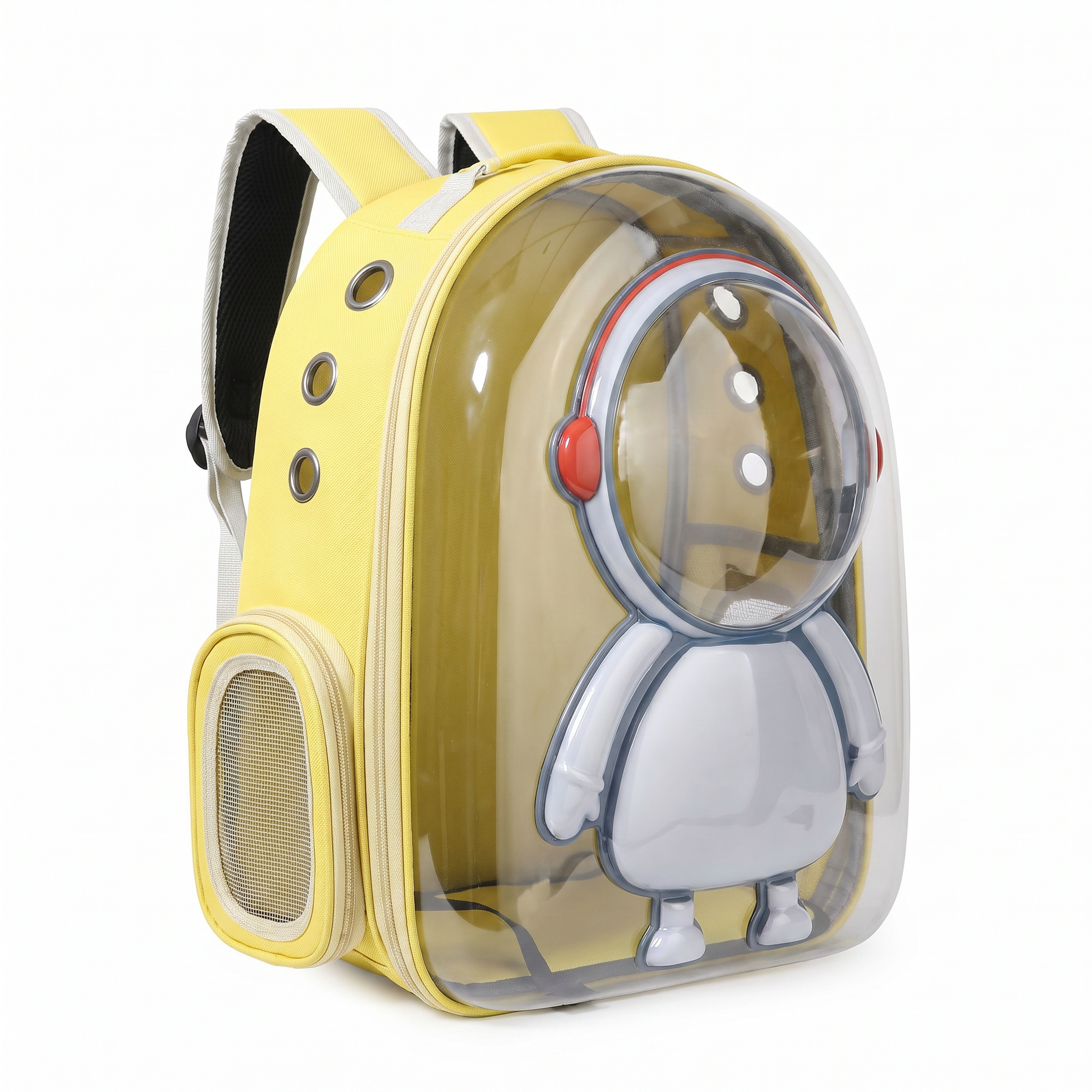 Yellow pet backpack with transparent front for a small animal, featuring a cartoon character.