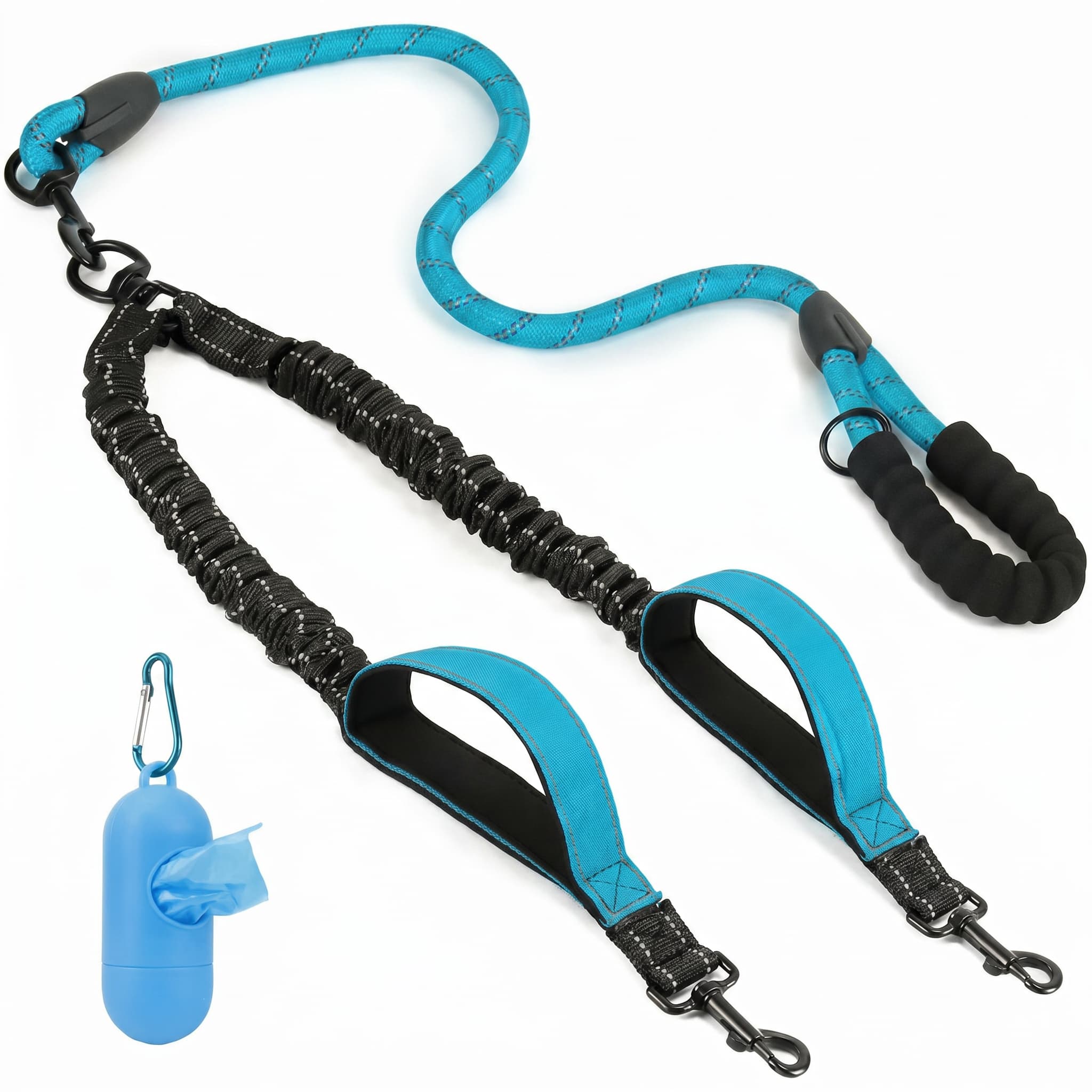 Blue and black dog leash with handle and clip on a white background