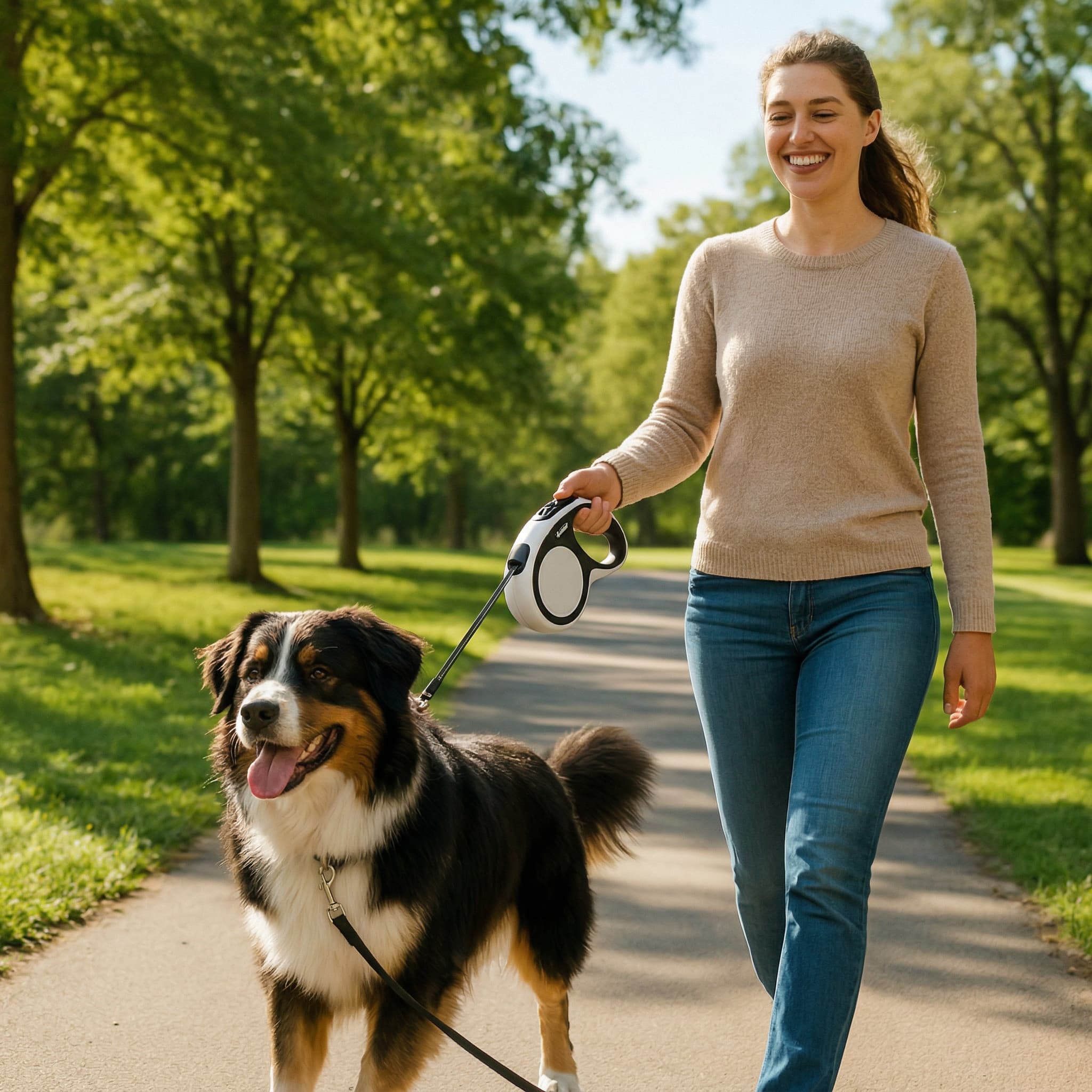 Woman walking a dog on a leash in a park