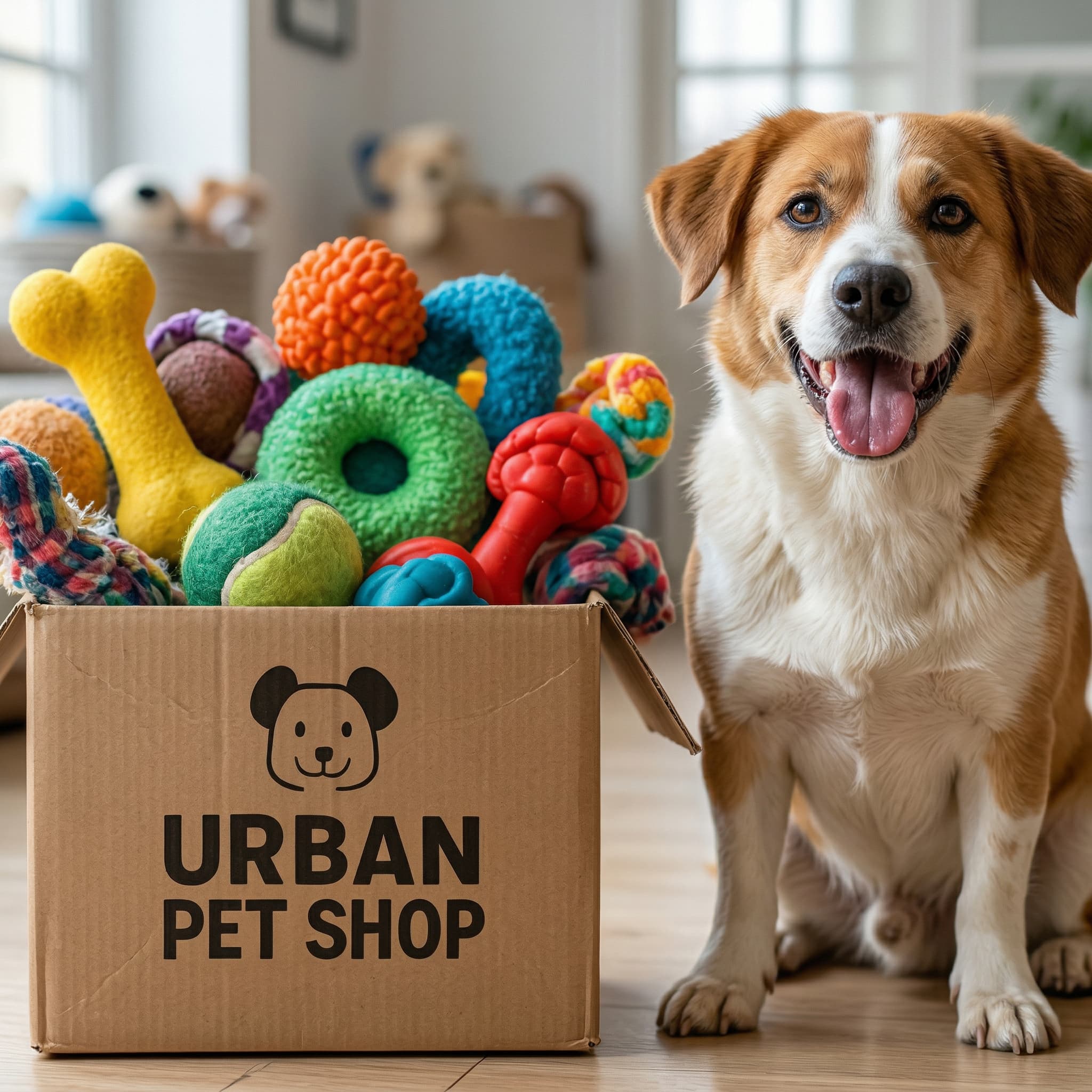 Dog standing next to a box of colorful pet toys with 'Urban Pet Shop' branding.
