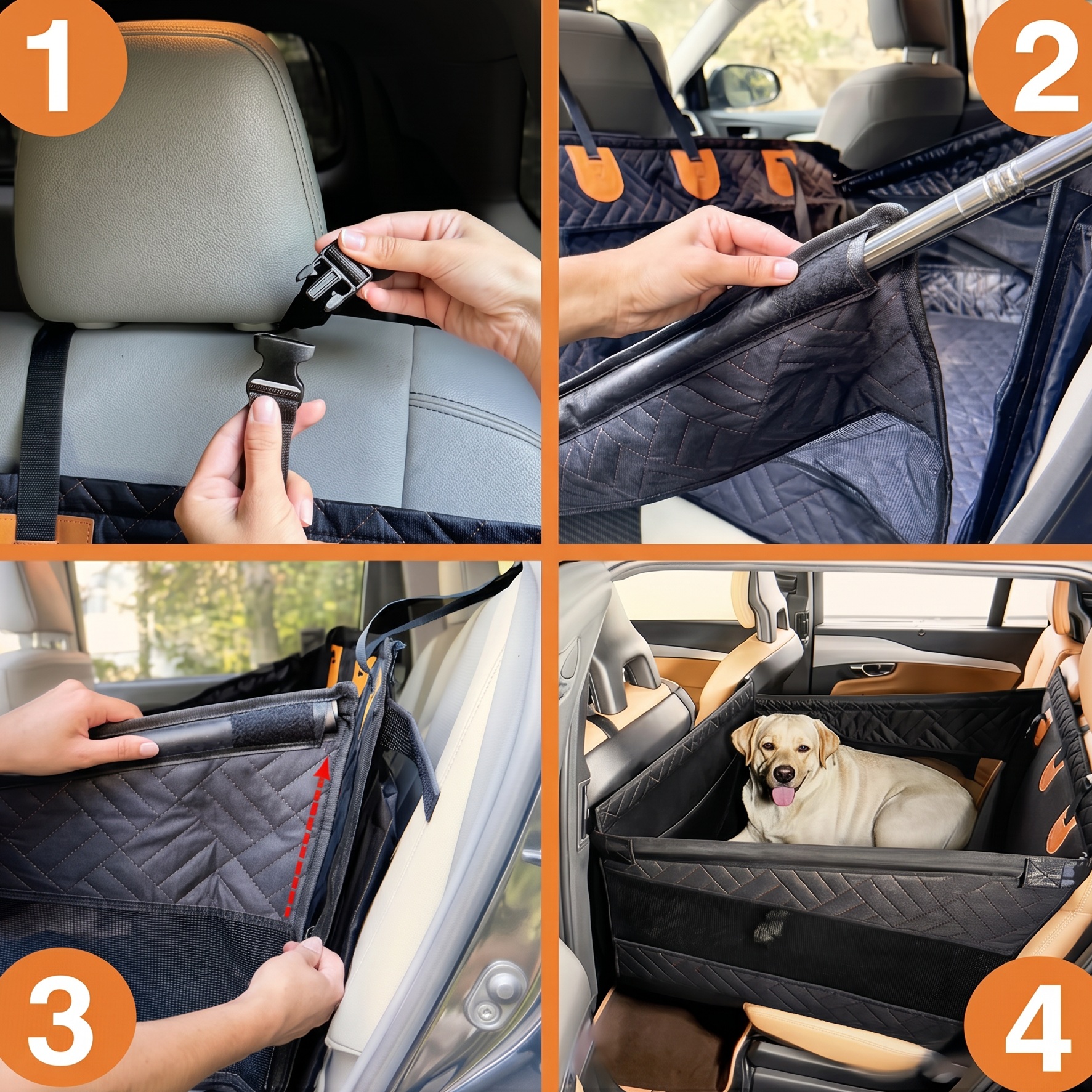 Step-by-step process of using a car seat cover for a dog, with hands adjusting straps and a dog inside.
