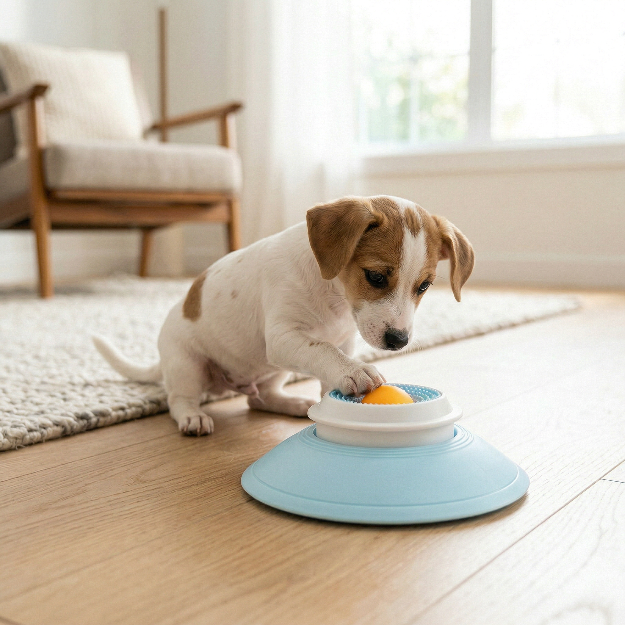 Dog playing with a blue and white toy on a wooden floor.