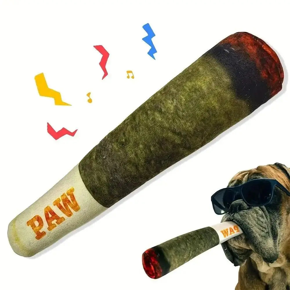 Dog toy shaped like a joint with 'PAW' branding, featuring a dog wearing sunglasses.