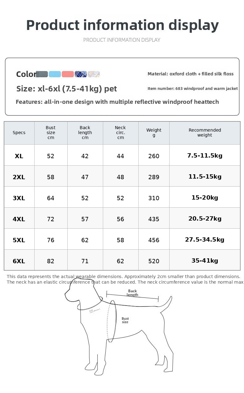 Product information display for dog coats with size chart and dimensions.