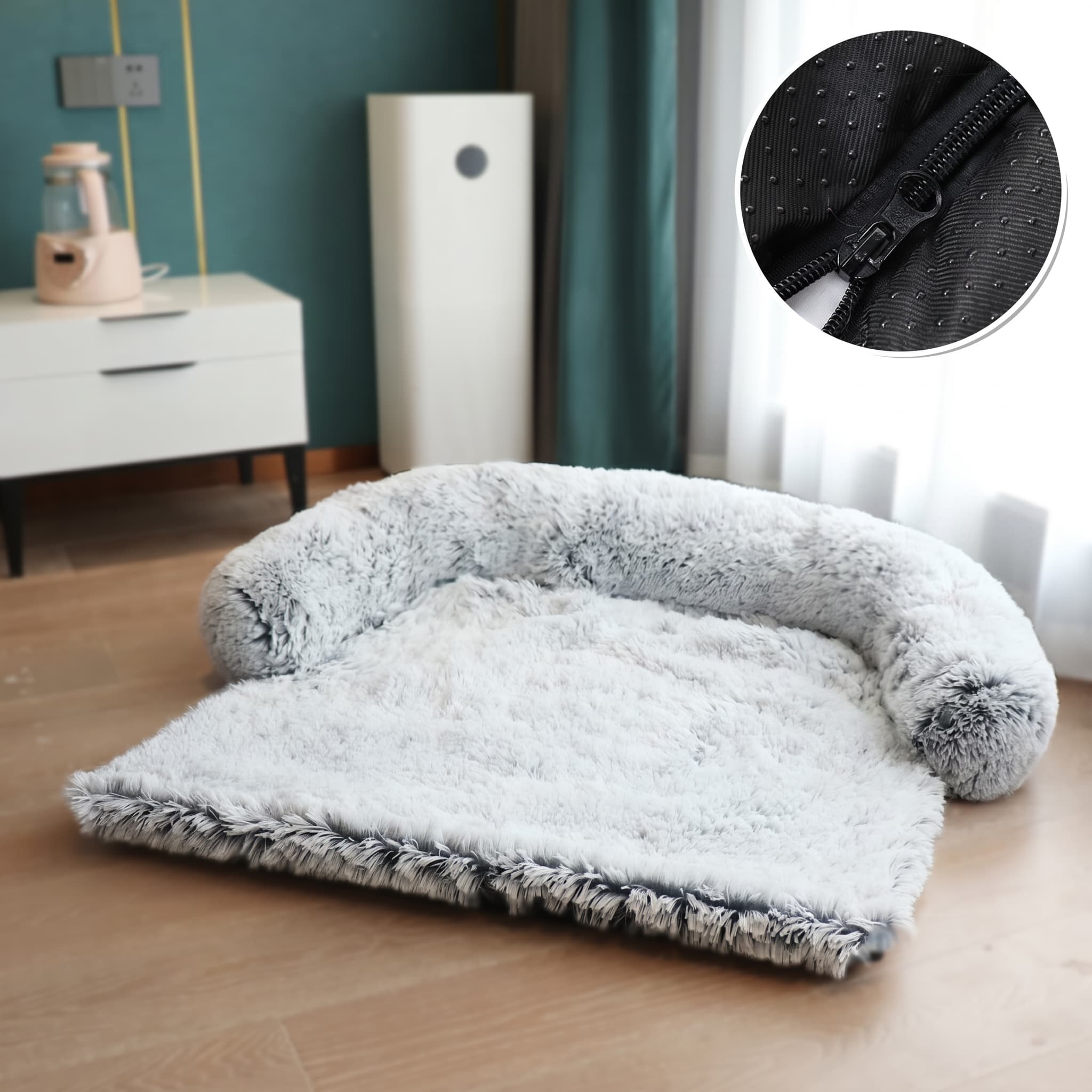 Fluffy pet bed on a wooden floor with a close-up of a zipper.