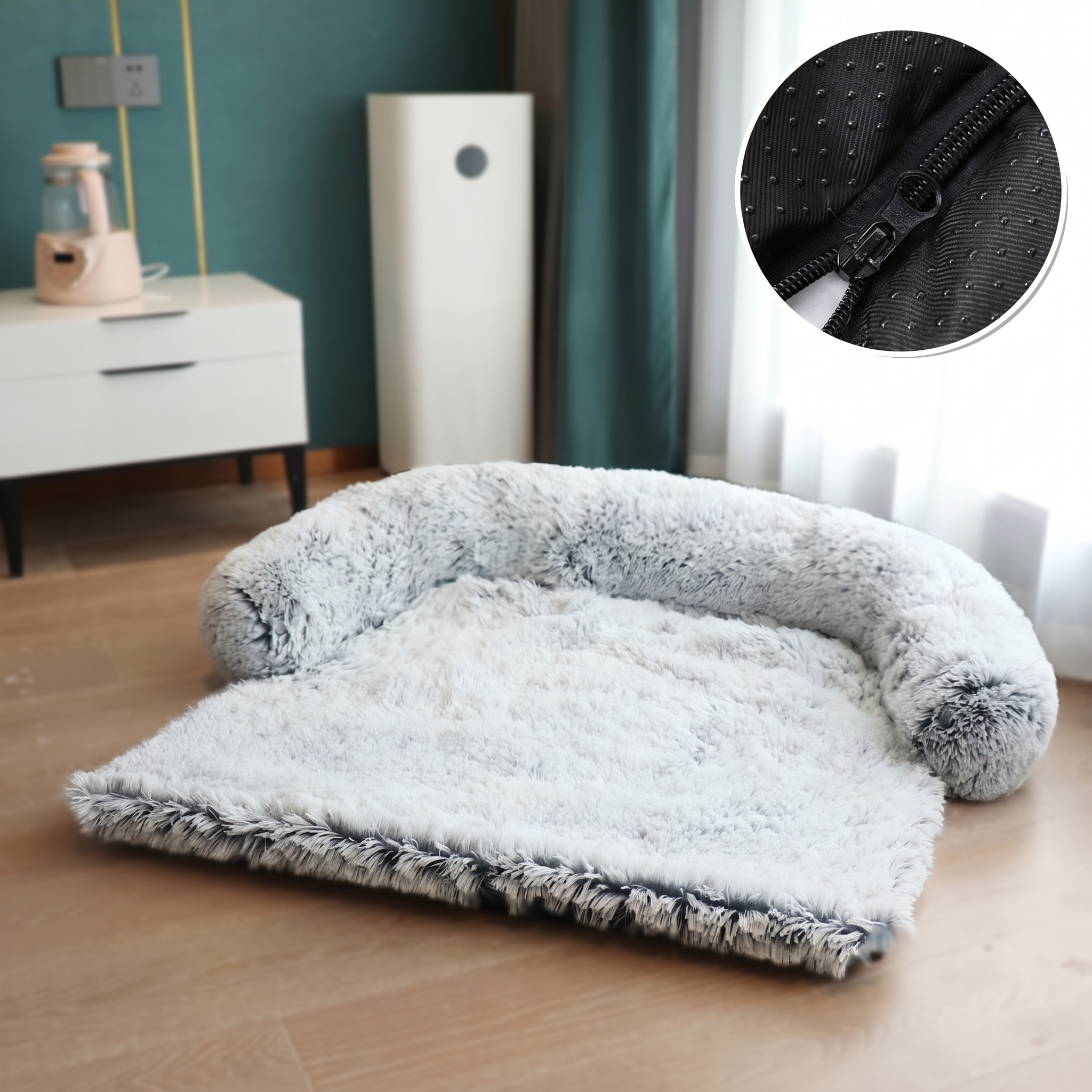 Fluffy pet bed on a wooden floor with a close-up of a zipper.