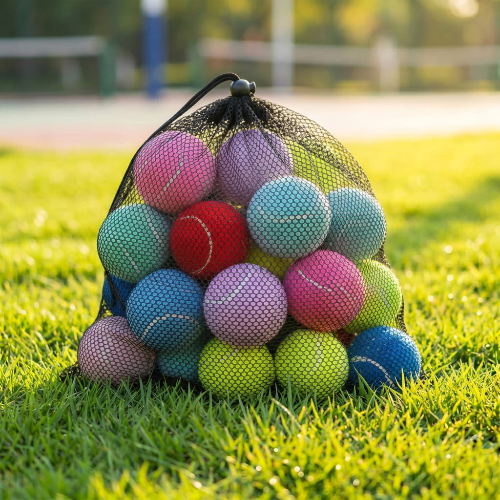 A black mesh ball bag filled with colourful tennis balls, placed on a green grassy field with a blurred outdoor court in the background.