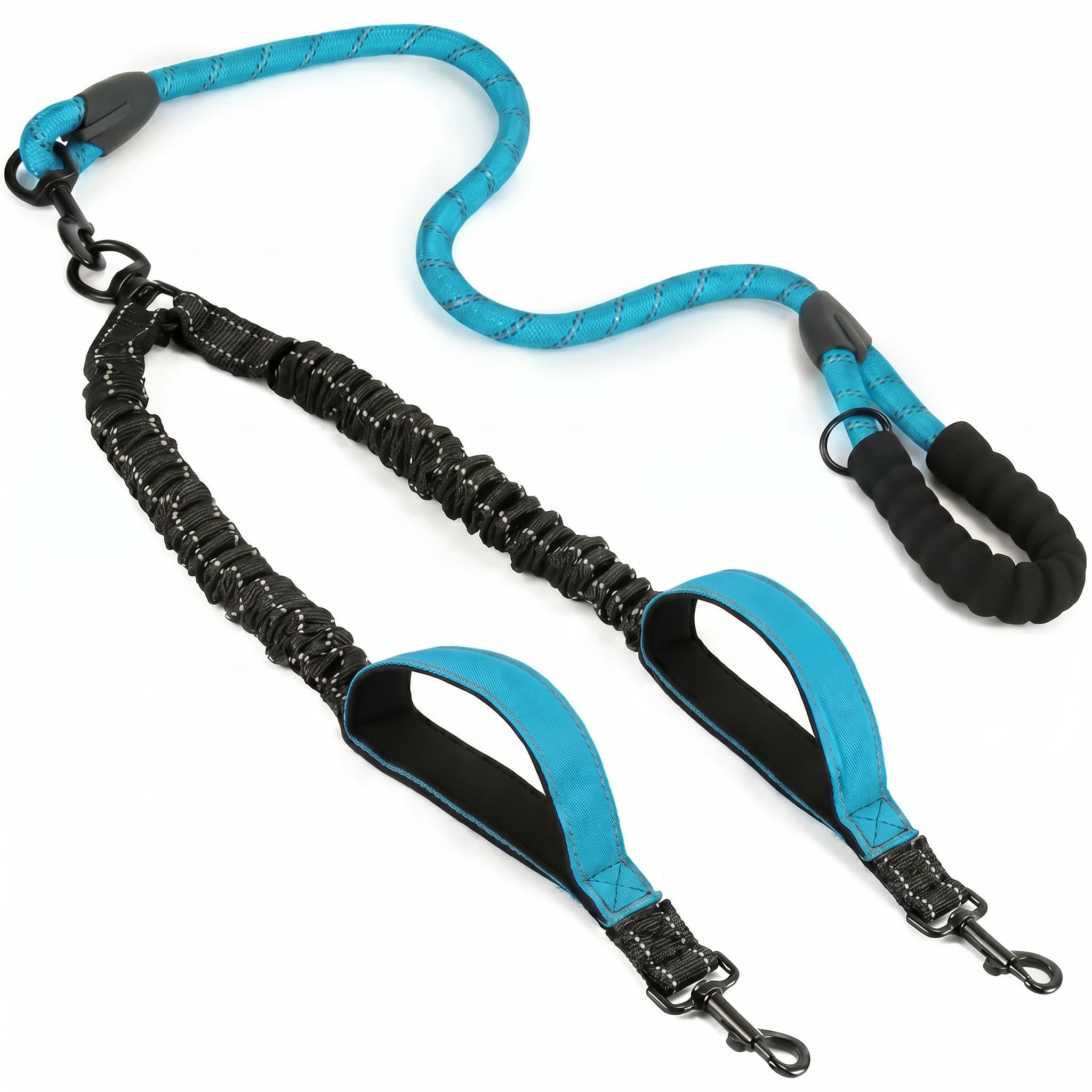 Blue and black dog lead with handle on a white background