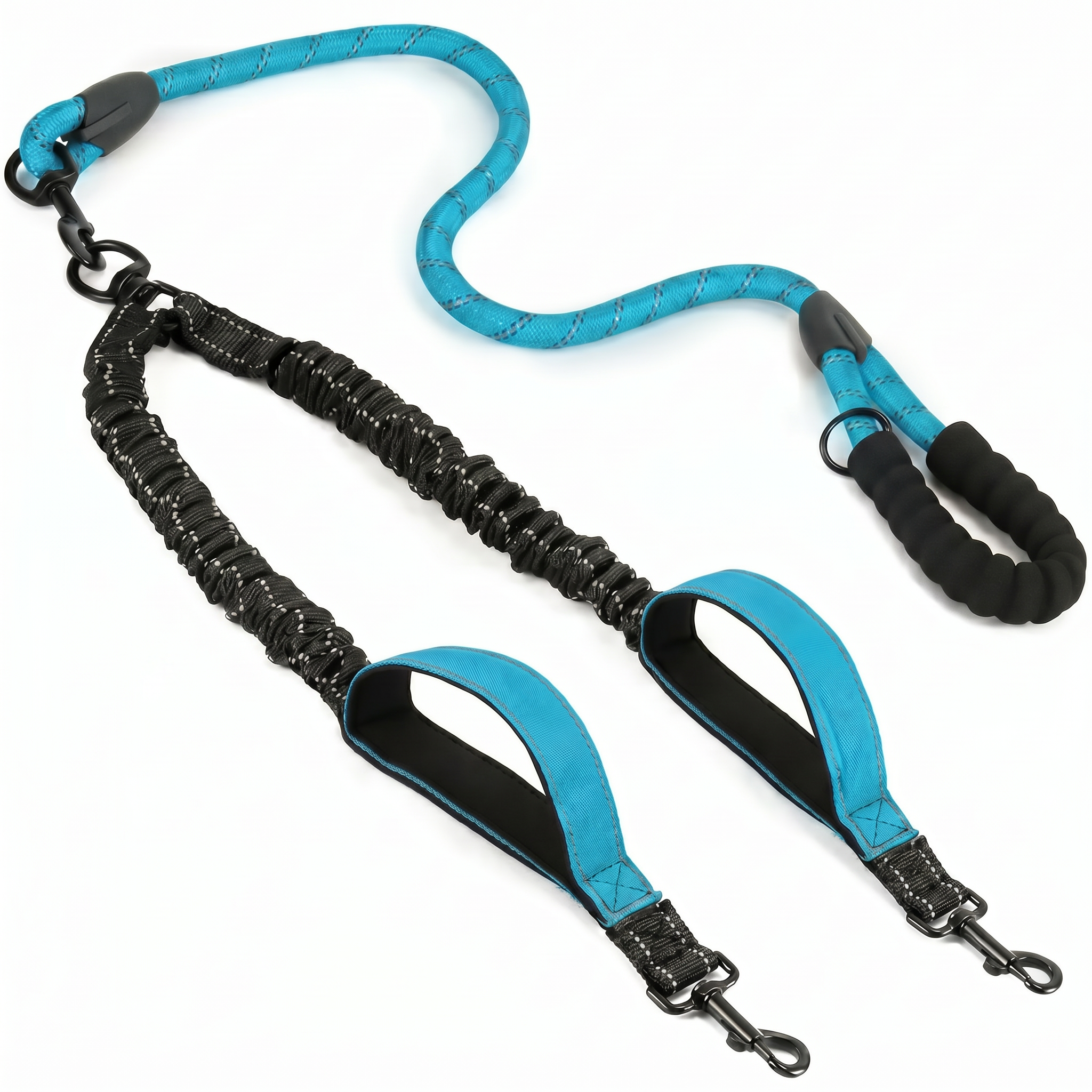 Blue and black dog leash with handle on a white background