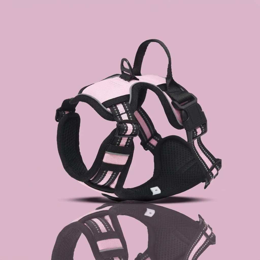 A pink and black dog harness with padded mesh and fabric panels, shown on a solid pink background with a reflection below.