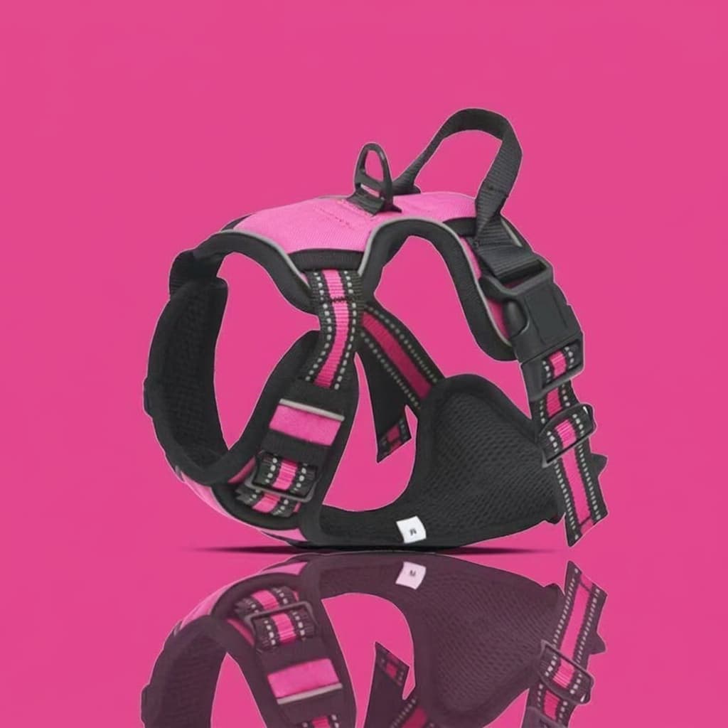 A pink and black dog harness with reflective trim, shown on a solid pink background with a reflection below.