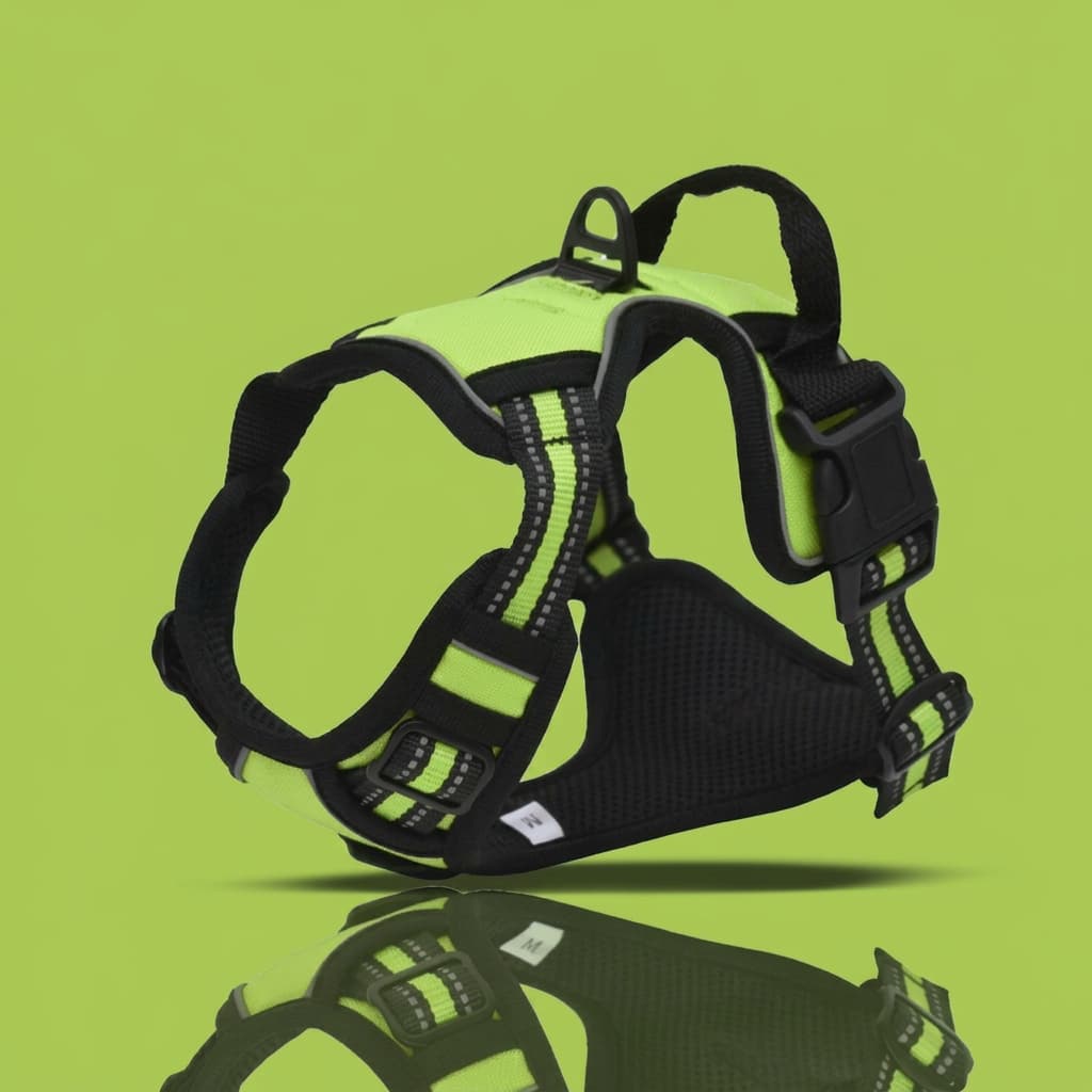 A black and neon yellow-green reflective dog harness with a quick-release buckle, shown on a solid lime green background with a soft reflection below.