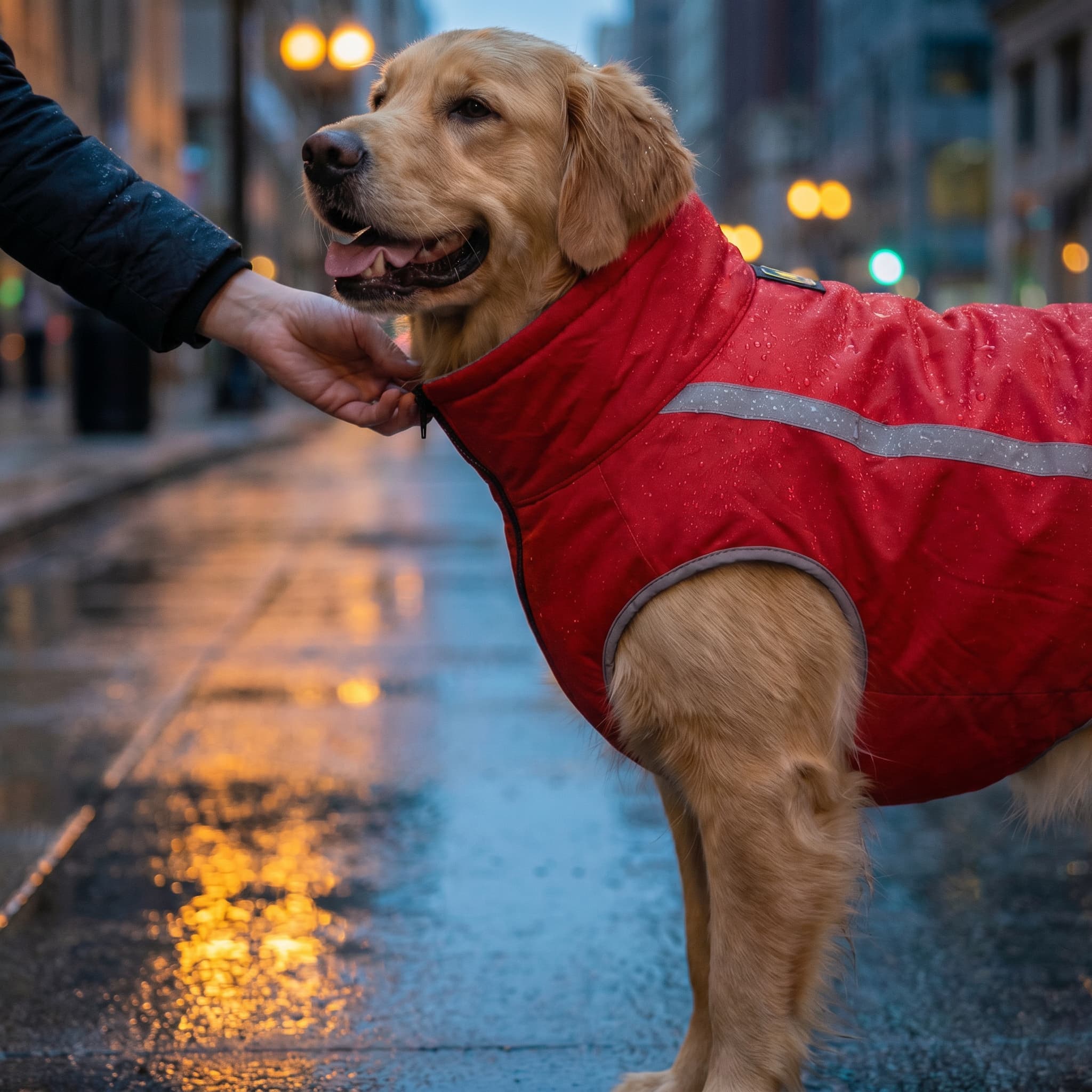 Dog wearing a red coat on a city street at night