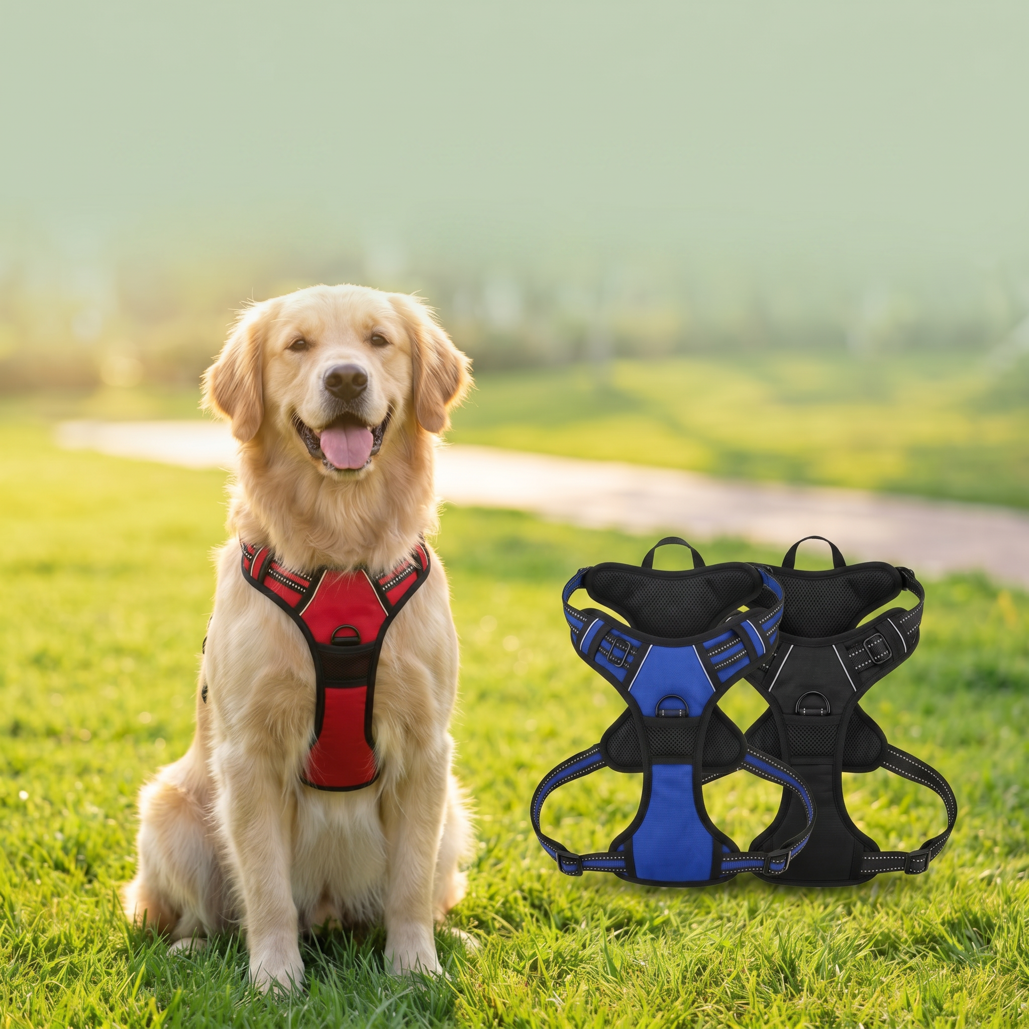 Dog sitting on grass wearing a red harness with two additional harnesses, one blue and one black, displayed next to it.