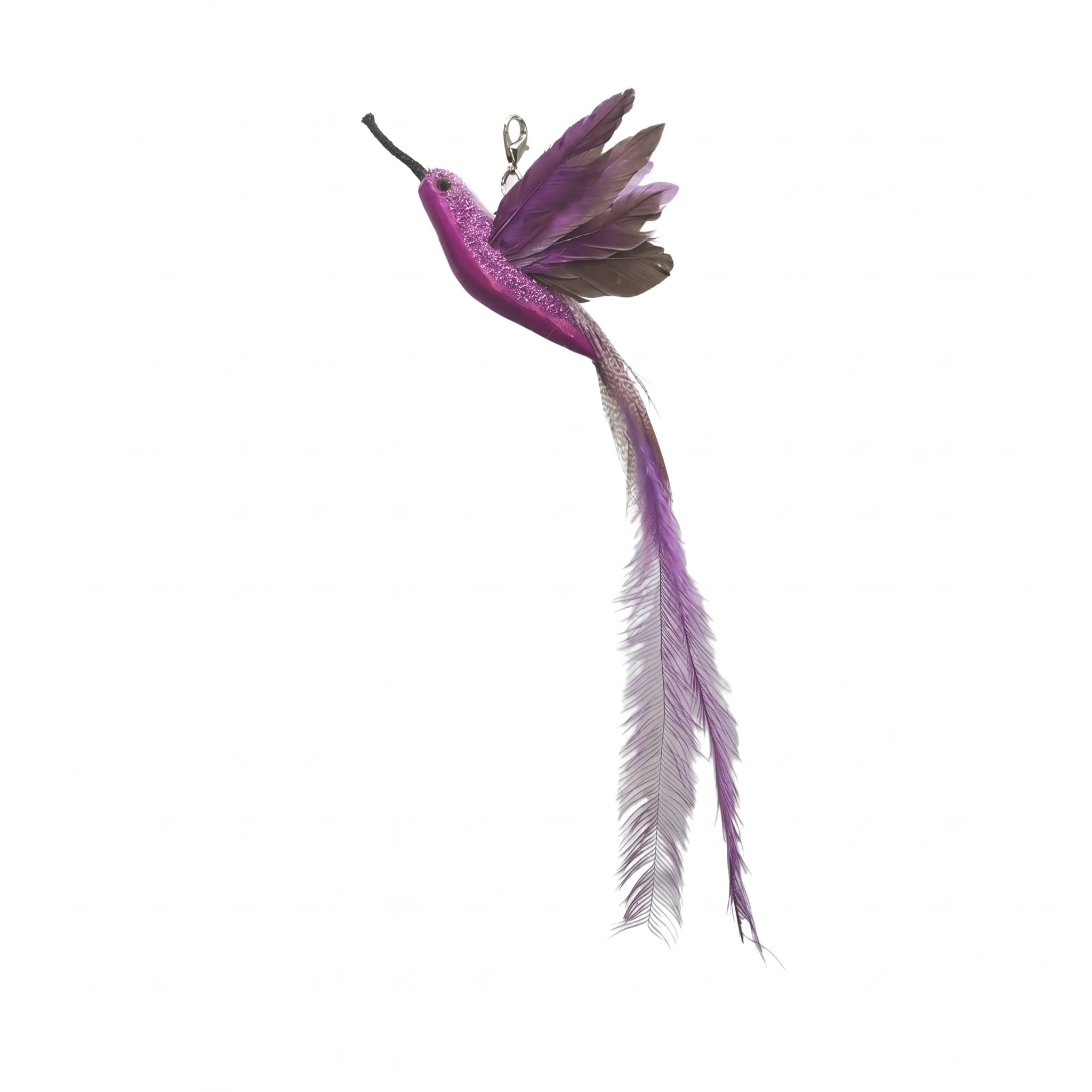 Purple feathered keychain on a white background