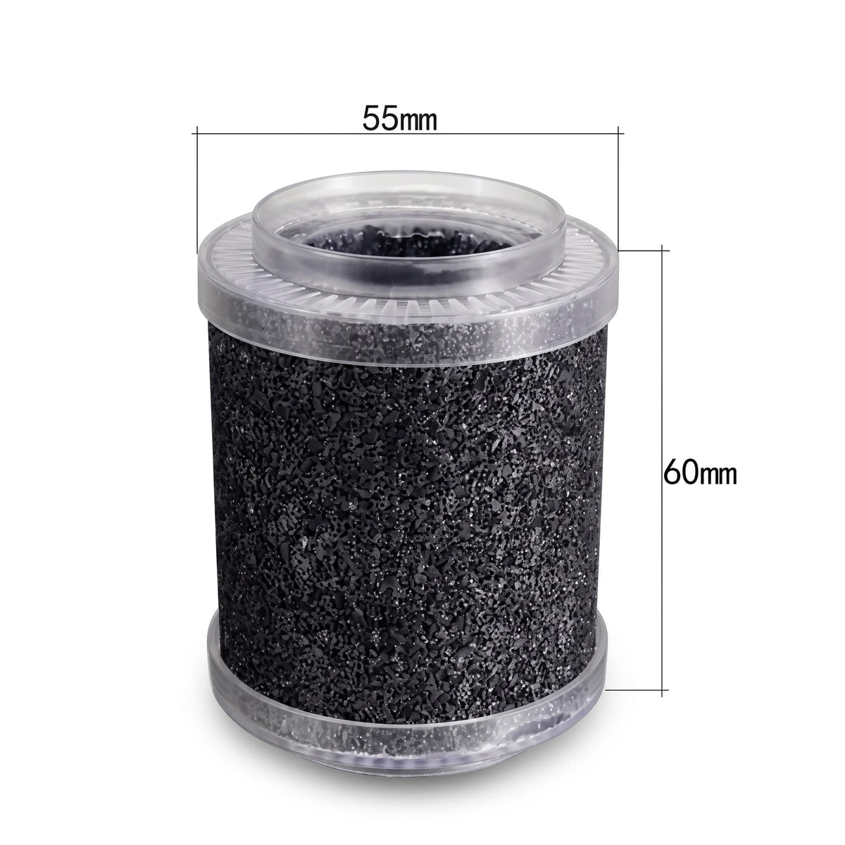A cylindrical replacement HEPA filter cartridge with a black textured body and clear plastic end caps, shown with dimension lines indicating 55mm width and 60mm height on a white background.